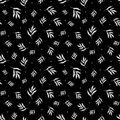 Black and white leaf pattern. Seamless pattern of white leaves on a black background. Floral digital paper in a minimalistic Scandinavian style. 