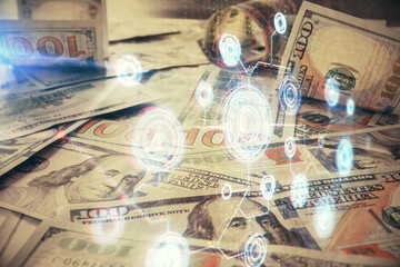 Double exposure of data theme drawing over us dollars bill background. Technology concept.
