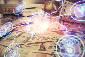 Double exposure of data theme drawing over us dollars bill background. Technology concept.