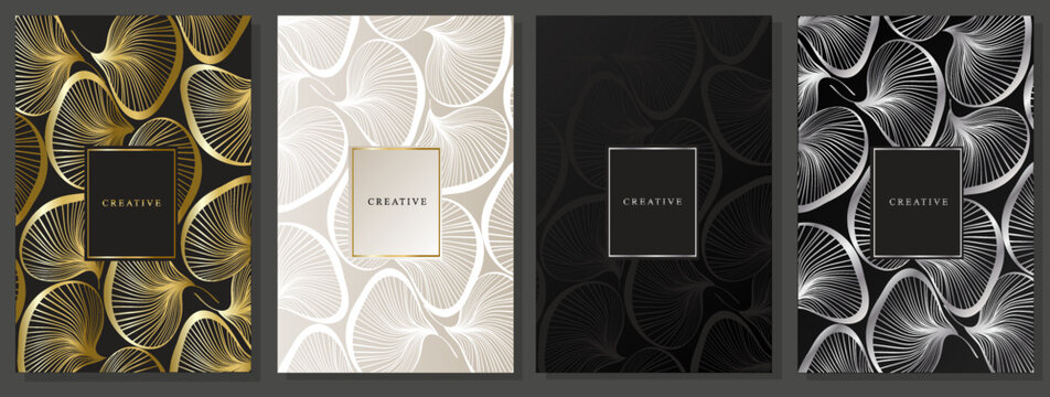 Luxury cover set with abstract petals. Elegant and metallic floral motif. Golden, platinum, silver flyer, brochure, vector template.