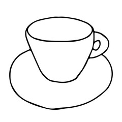 Black Hand drawing outline vector illustration of a empty cup for hot coffee or tea with a plate isolated on a white background