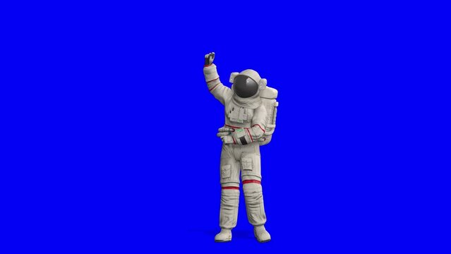 astronaut is dancing a classic pop dance in blue chroma key background with copy space