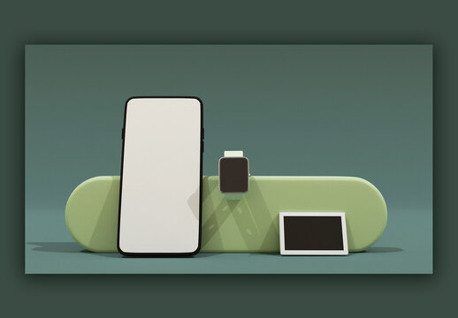 3D Render of Smart Mobile Phone Smart Watch and Tablet