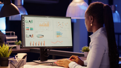 Executive manager planning web presentation with charts on computer monitor, working late at night on business report. Using online network information to create research project.