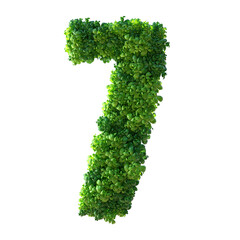 Number 7, Alphabet. Green plant number isolated with Clipping Path. 3d illustration. leaves, grass, moss, basil, mint.