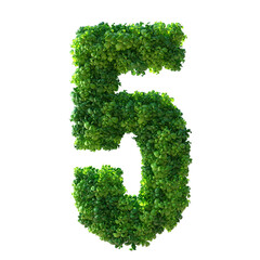 Number 5, Alphabet. Green plant number isolated with Clipping Path. 3d illustration. leaves, grass, moss, basil, mint.