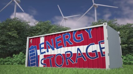 Flag of Denmark and ENERGY STORAGE text on a battery container at wind turbines, 3d animation - Powered by Adobe