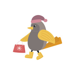 Cute winter bird in a hat with a gift, gray bird in cartoon style