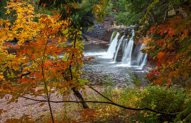 Manabezho Falls on the Presque Isle River in Porcupine Mountains State Park Michigan during autumn