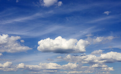 Blue sky with fluffy clouds as a tranquil background