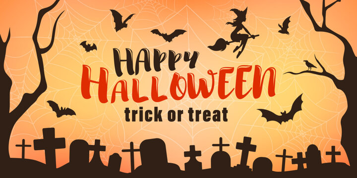 Holiday banner with text Happy Halloween, Trick or Treat for promotion, advertising, online advertising, social media, fashion advertising, market flyer, shop brochure, advert or store poster.