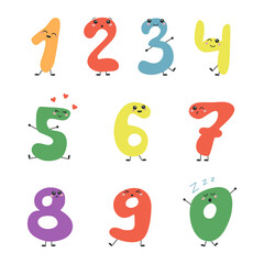 Hand drawn cute numbers with faces. Collection of cartoon numbers. Various emotions. Colorful vector set for kids. Educational illustration.