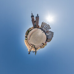 Little planet and spherical aerial 360 panorama view on street ancient medieval city with church...