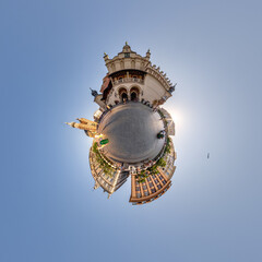 Fototapeta na wymiar Little planet and spherical aerial 360 panorama view on street ancient medieval city with church and historic buildings