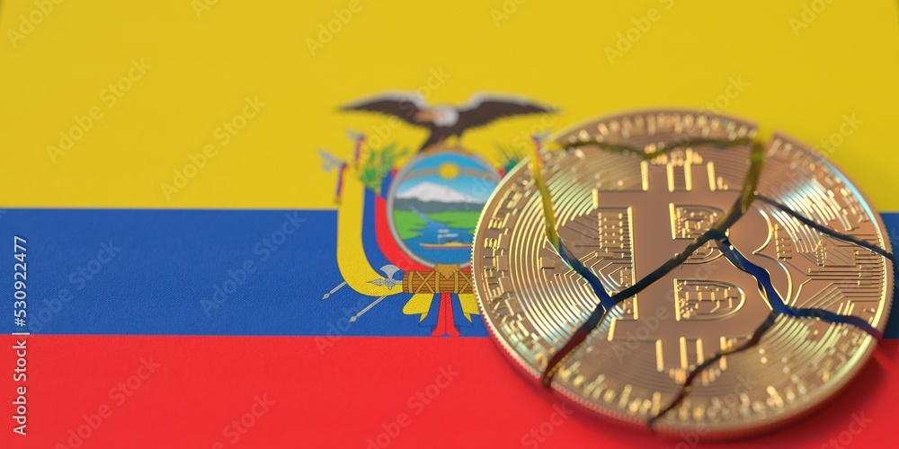 Aufkleber flag of ecuador and destroyed bitcoin. cryptocurrency ban or restrictions related 3d rendering