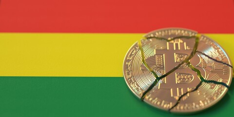 Fototapeta na wymiar Flag of Bolivia and destroyed bitcoin. Cryptocurrency ban or restrictions related 3d rendering