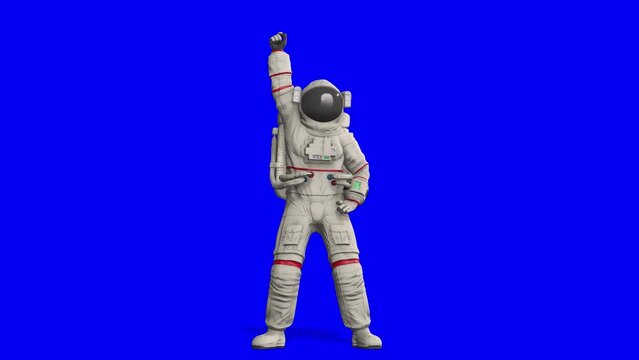 astronaut is waving and dancing a classic pop dance in blue chroma key background with copy space