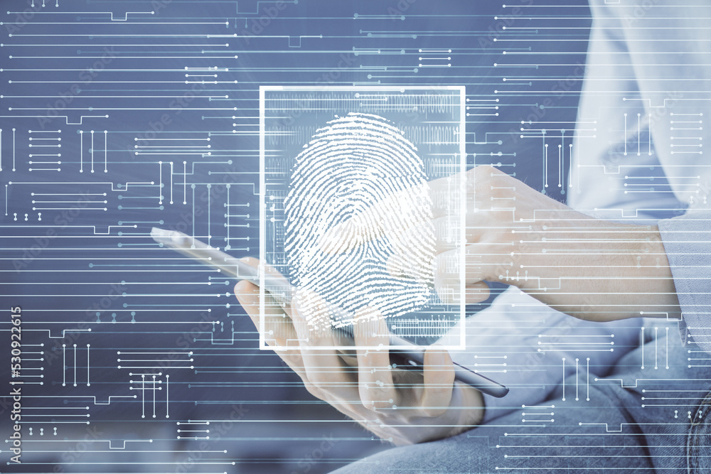 Poster Double exposure of man's hands holding and using a digital device and fingerprint hologram drawing. Security concept.