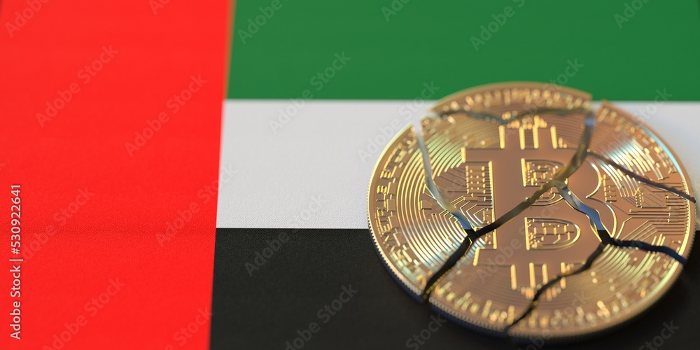 Aufkleber broken bitcoin on the flag of uae. legal issues and cryptocurrency regulations problems concepts, 3d