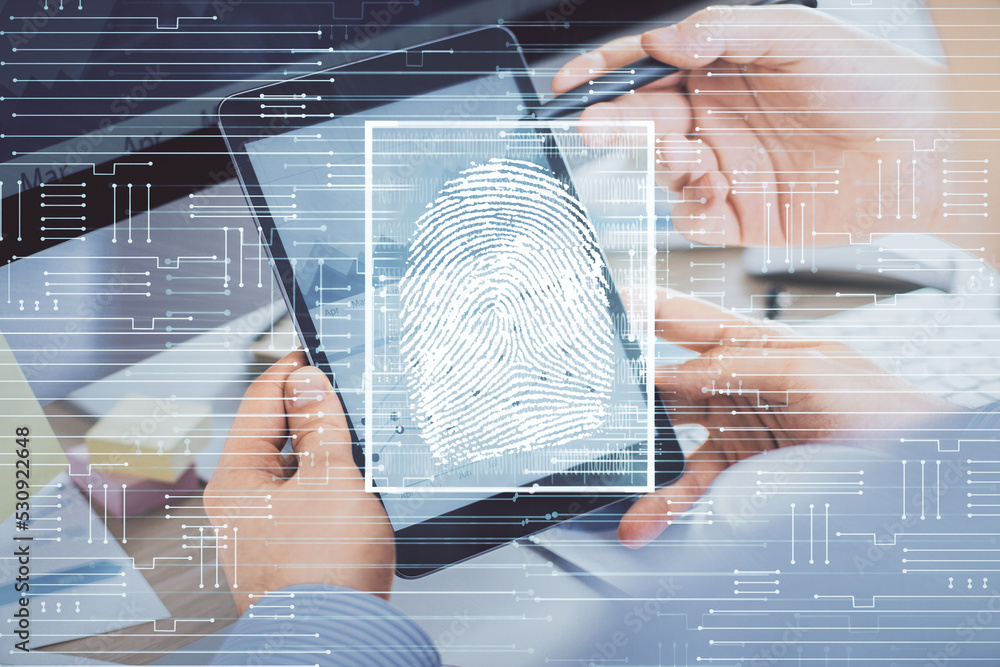 Poster Double exposure of man's hands holding and using a digital device and fingerprint hologram drawing. Security concept.