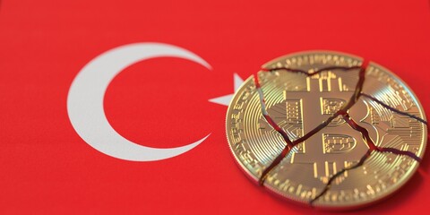 Fototapeta na wymiar Flag of Turkey and broken bitcoin. Cryptocurrency ban or crypto legal issues concepts, 3d rendering