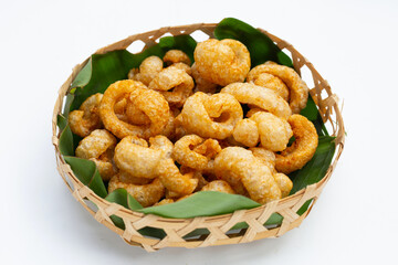 Crispy pork rinds or pork snack.