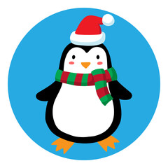 Cartoon penguin in a scarf and hat. A penguin in a red-green scarf and a Santa hat. Winter christmas illustration. Children's print. Vector illustration