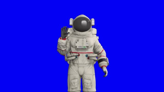 astronaut is waving in blue chroma key background