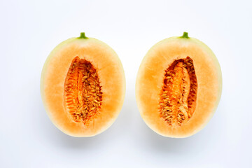 Cantaloupe melon in plate on white background.