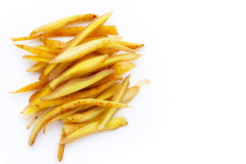 Sliced finger root on white background.