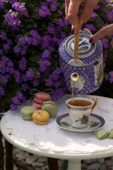 outdoor picnic with a cup of herbal tea and macaroon cakes, a woman's hand pours