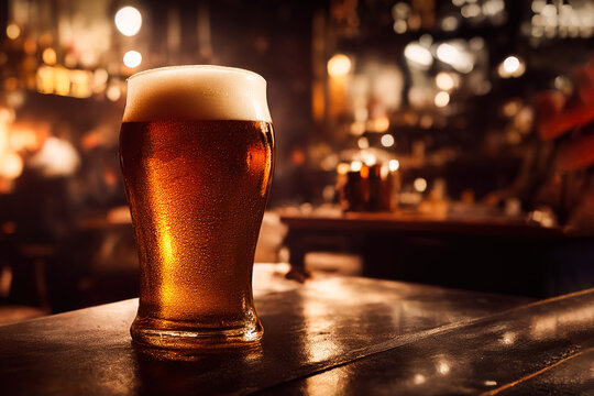 3D Illustration Digital Art. Close-up on smooth glass full of cold tasty beer, with a bar in the background.