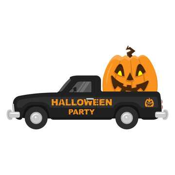 recommend clip art: Black halloween pickup truck icon. Color silhouette. Side view. Vector simple flat graphic illustration. Isolated object on a white background. Isolate.