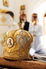 Elegant wedding crown or tiara preparing for marriage in church