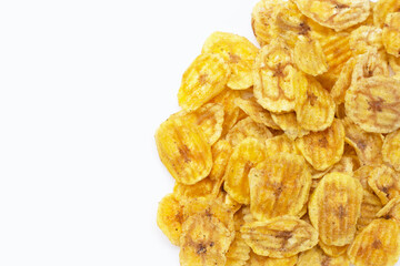 Banana slice chips on white background.