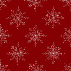 Obraz na płótnie Canvas Christmas seamless pattern with doodle snowflakes on a red background.