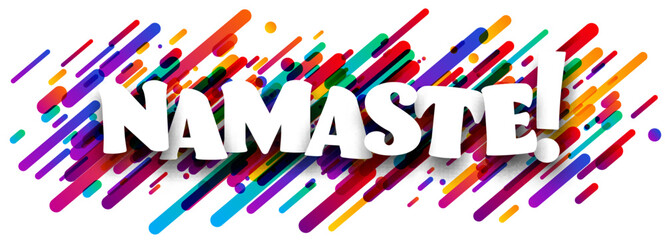 Banner with namaste sign on colorful brush strokes background.