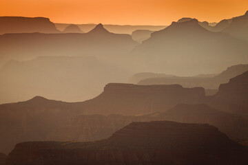 Grand Canyon south rim silhouette at golden sunset, Arizona, USA