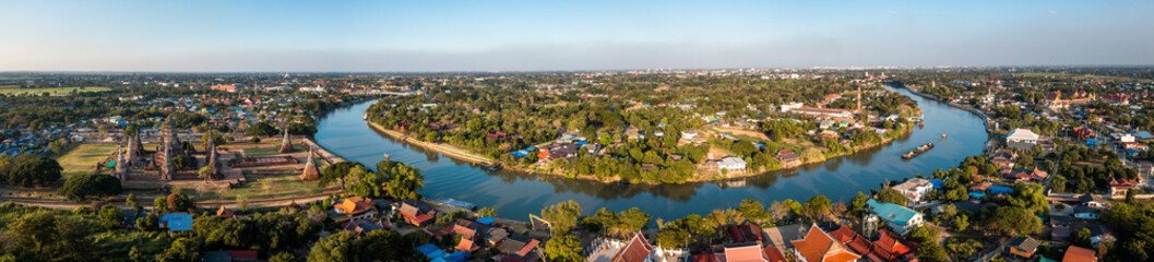 Fototapeta na wymiar Aerial view of Wat Chaiwatthanaram ruin temple in Ayutthaya, Thailand