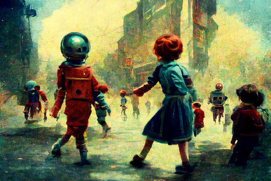 1950 Retro Futurism Illustration. Children And Robots Playing Together