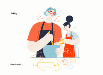 Lifestyle series -Baking -modern flat vector illustration of a man and a girl wearing aprons making the dough, baking cookies. The girl is pouring some milk into the mixture. People activities concept