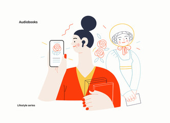 Lifestyle series - Audiobooks - modern flat vector illustration of a woman listening an audiobook with buds in the tablet application and a Victorian Era literary character. People activities concept