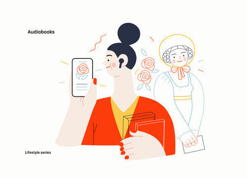 Lifestyle series - Audiobooks - modern flat vector illustration of a woman listening an audiobook with buds in the tablet application and a Victorian Era literary character. People activities concept