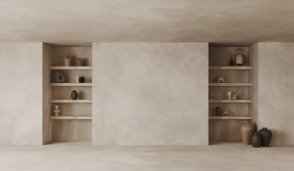 Stone built-in shelf open wall shelve on plastered walls, open shelves with decorative old vases, candlesticks, sculptures. Vases in Balinese style. Mock up poster frame. 3d render