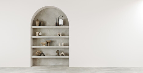Round arch built-in shelf open wall shelve on plastered walls, open shelves with decorative old vases, candlesticks, sculptures. Vases in Balinese style.  3d render - obrazy, fototapety, plakaty
