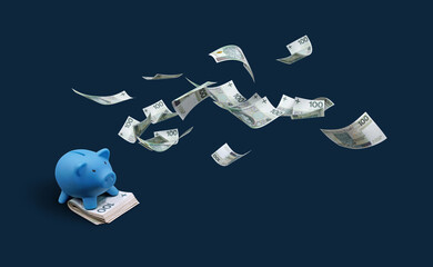 PLN 100 Polish zloty banknotes. Money floating above the piggy bank. Illustration. Top view.
