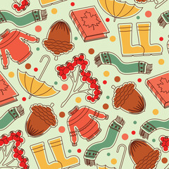 Fototapeta premium Autumn seamless pattern background with seasonal clothes sticker Vector