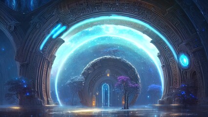 Fantasy galactic majestic portal, neon. An abstract passage, a door to an unreal world. Round stone arches. 3D illustration - obrazy, fototapety, plakaty