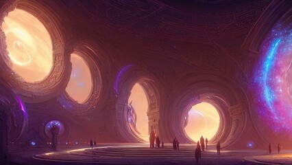 Portail majestueux galactique fantastique, néon. Un passage abstrait, une porte vers un monde irréel. Arches rondes en pierre. Illustration 3D