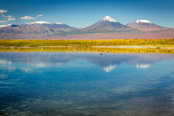 Volcanic landscape and salt lake reflection at sunset in Atacama Desert, Chile